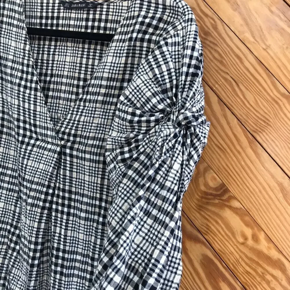ZARA Check Puff Sleeve Peasant Blouse